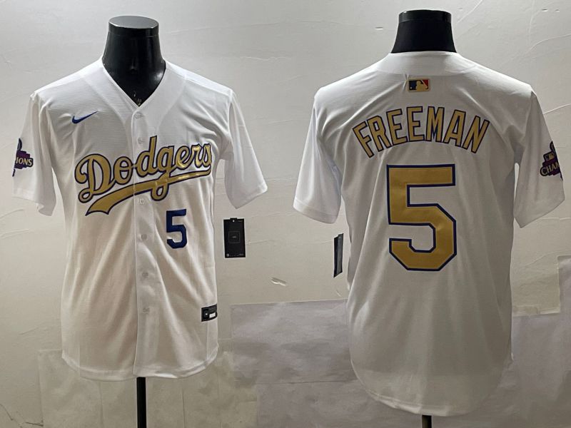 Men Los Angeles Dodgers 5 Freeman White Champion gold character 2025 Nike MLB Jersey style 3318